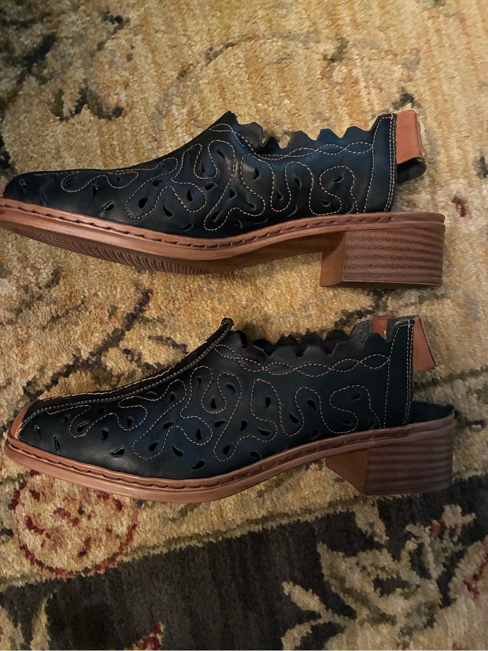 Rieker Black Leather Slip-On Anti-Stress Cut-Outs with Brown Accents. Size 40
